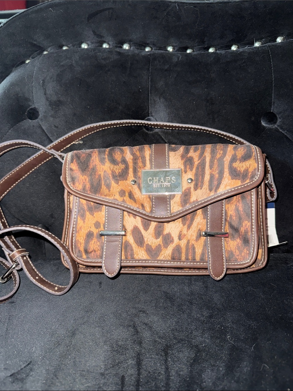 Chaps Brown Leopard Print Crossbody Bag with Leather Trim